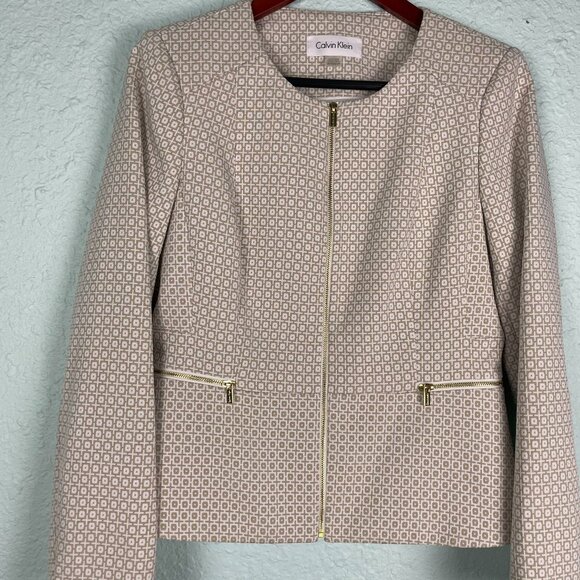 Calvin Klein Women's 12P Dress Jacket Tan & Ivory Jacquard Textured Gold Zippers - Picture 2 of 16